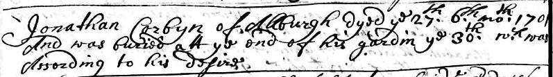 Quaker burial record, Jonathan Corbyn 1701,Westwood Family History, Family Historian and Genealogist 